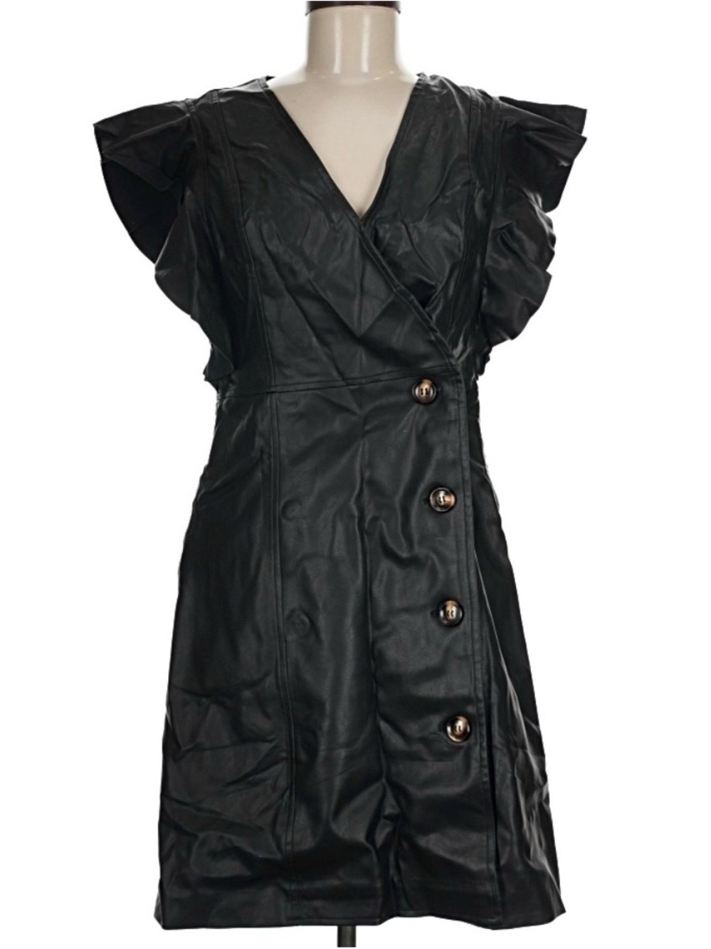NWT! #789 GRACIA Black Faux Leather Button-Front Wrap Ruffle Sleeve Mini Dress